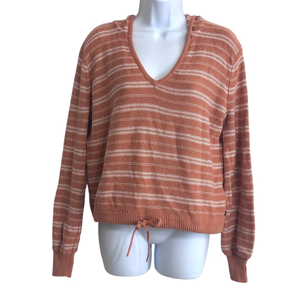Roxy Women's S Striped Knit Hoodie Terracotta Orange White Drawstring Hem Y2K
